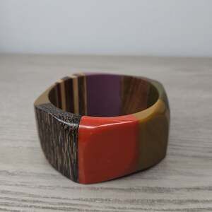 Vintage Mid Century Modern Color Block Wood and Resin Bangle Bracelet